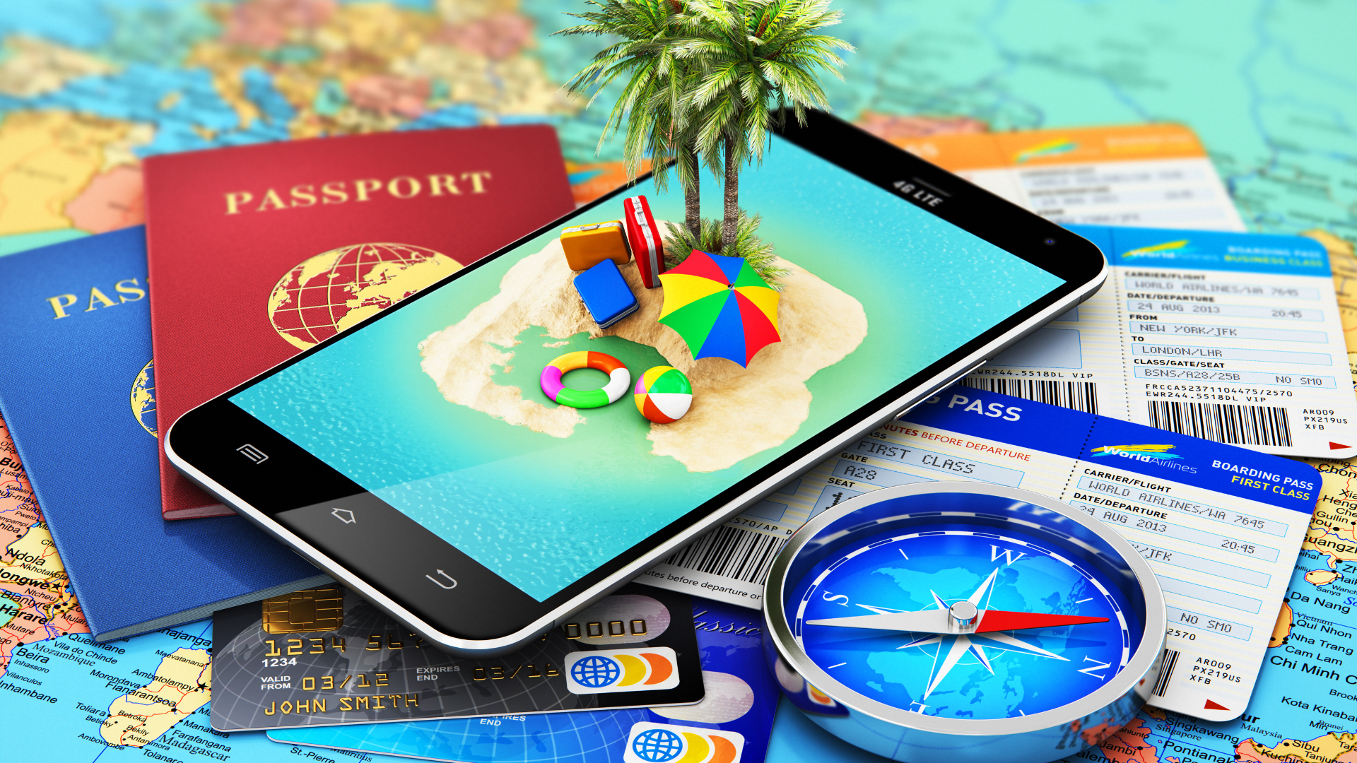 Travel planning on a smartphone with a map, passports, and a compass in the background.