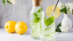 Blog post header image of bottled water with cucumber slices in it.